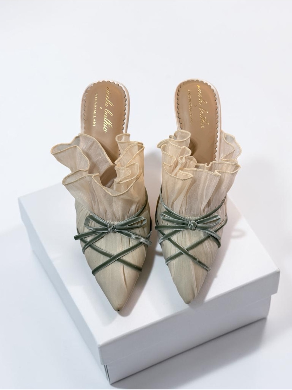 Nicola Bathie chiffon and velvet now heel